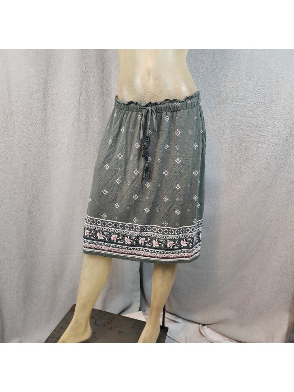 J Jill Olive Green Geometric Print Aline Drawstring Elastic Waist Skirt SMALL